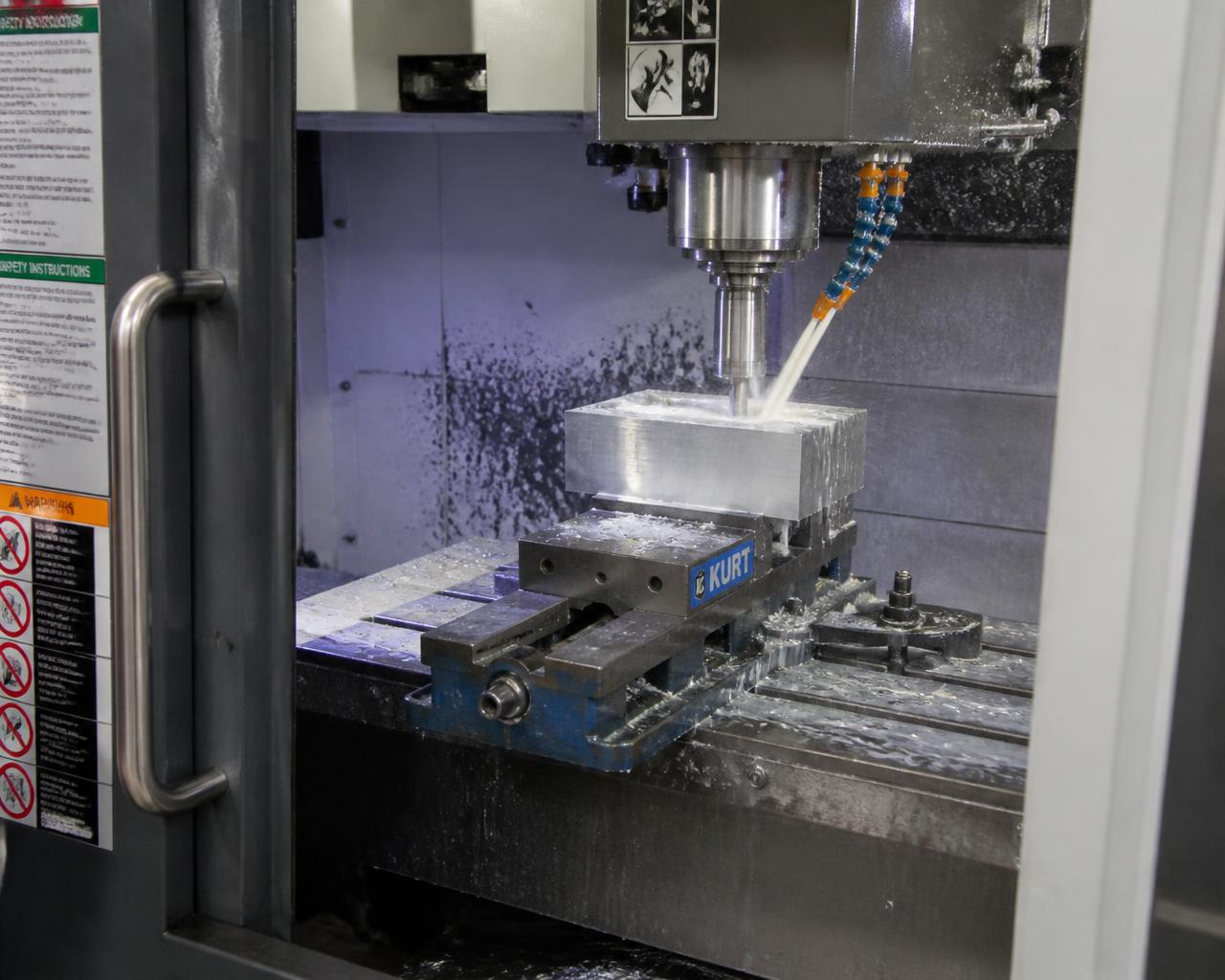 Five-axis CNC mill cutting a precision aluminum part under coolant