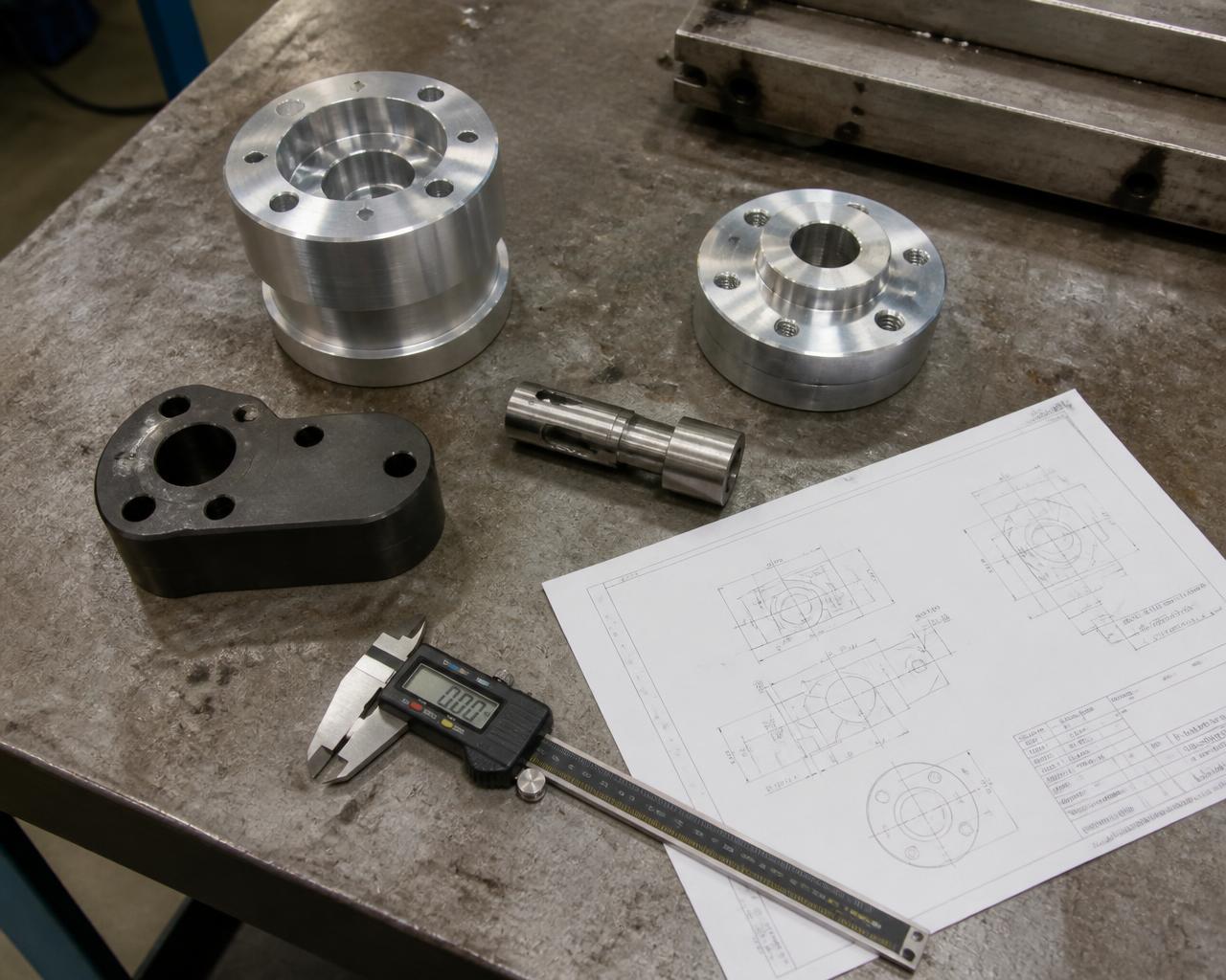 Finished machined aluminum and steel parts on a shop bench with a digital caliper and technical drawing