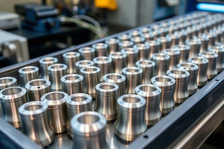 Tray of finished machined metal production parts